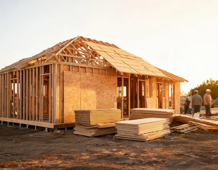 Georgia-Pacific OSB sheathing and plywood staged on a residential framing jobsite