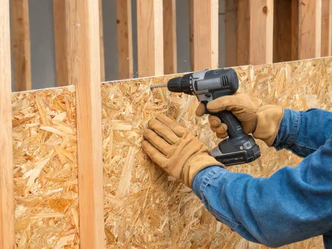 Crew fastening OSB wall sheathing